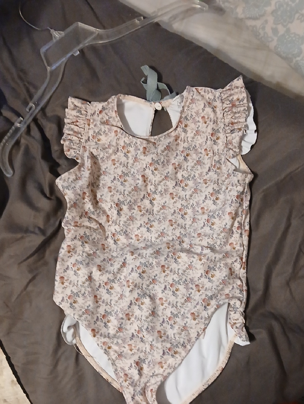 Floral Ruffle Sleeve One-Piece Swimsuit - Pink/Beige